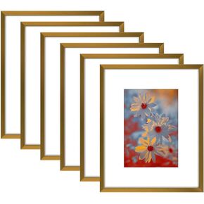 Golden State Art, 11x14 Picture Frame Gold Aluminum (Shiny Brushed) Display Pictures 8x10 with Mat or 11x14 Without Mat Wall Mounting Real Glass Metal Photo Frame in Kuwait