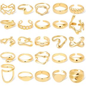 NEWITIN 25 Pieces Gold Chunky Rings for Women 14k Gold Plated Stackable Thick Dome Braided Twisted Rings Adjustable Open Ring Vintage Statement Ring for Women in Kuwait