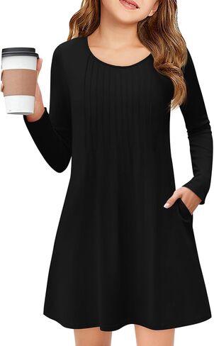 Haloumoning Girls Long Sleeve Pleated Dress Kids Casual Crewneck Loose Fall Dresses with Pockets 5-14 Years in Kuwait