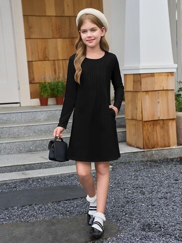 Haloumoning Girls Long Sleeve Pleated Dress Kids Casual Crewneck Loose Fall Dresses with Pockets 5-14 Years in Kuwait