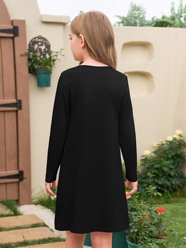 Haloumoning Girls Long Sleeve Pleated Dress Kids Casual Crewneck Loose Fall Dresses with Pockets 5-14 Years in Kuwait