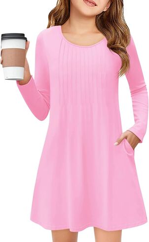 Haloumoning Girls Long Sleeve Pleated Dress Kids Casual Crewneck Loose Fall Dresses with Pockets 5-14 Years in Saudi Arabia