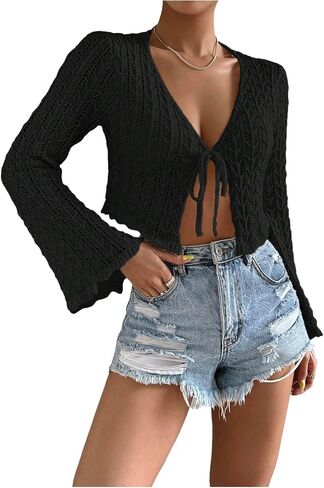 Floerns Women's Scallop Trim Trumpet Long Sleeve Tie Front Cardigan Crop Top in Saudi Arabia