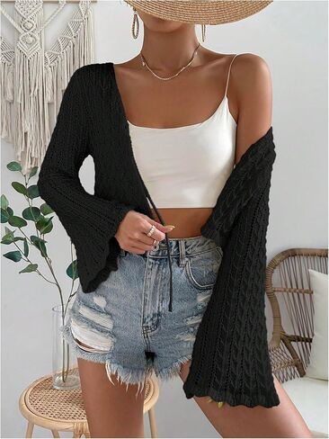 Floerns Women's Scallop Trim Trumpet Long Sleeve Tie Front Cardigan Crop Top in Saudi Arabia