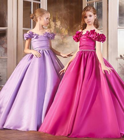 Off Shoulder Flower Girl Dress for Wedding Satin Princess Pageant Dresses for Girls Kids Party Ball Gowns with Pockets in Saudi Arabia