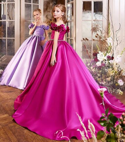 Off Shoulder Flower Girl Dress for Wedding Satin Princess Pageant Dresses for Girls Kids Party Ball Gowns with Pockets in Saudi Arabia