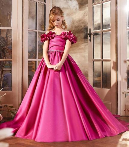 Off Shoulder Flower Girl Dress for Wedding Satin Princess Pageant Dresses for Girls Kids Party Ball Gowns with Pockets in Saudi Arabia