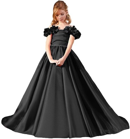 Off Shoulder Flower Girl Dress for Wedding Satin Princess Pageant Dresses for Girls Kids Party Ball Gowns with Pockets in Saudi Arabia