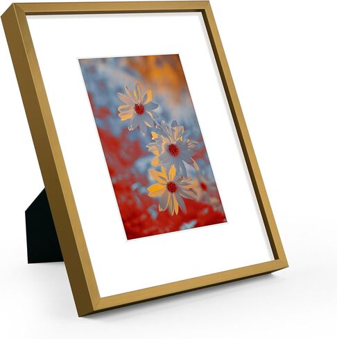 Golden State Art, 11x14 Picture Frame Gold Aluminum (Shiny Brushed) Display Pictures 8x10 with Mat or 11x14 Without Mat Wall Mounting Real Glass Metal Photo Frame in Kuwait