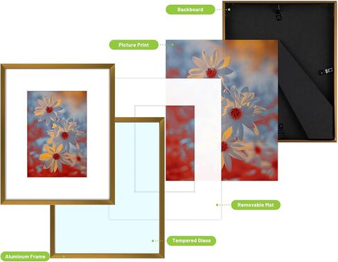 Golden State Art, 11x14 Picture Frame Gold Aluminum (Shiny Brushed) Display Pictures 8x10 with Mat or 11x14 Without Mat Wall Mounting Real Glass Metal Photo Frame in Kuwait