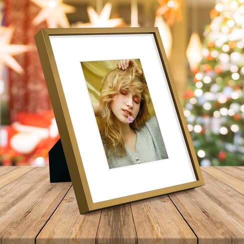 Golden State Art, 11x14 Picture Frame Gold Aluminum (Shiny Brushed) Display Pictures 8x10 with Mat or 11x14 Without Mat Wall Mounting Real Glass Metal Photo Frame in Kuwait