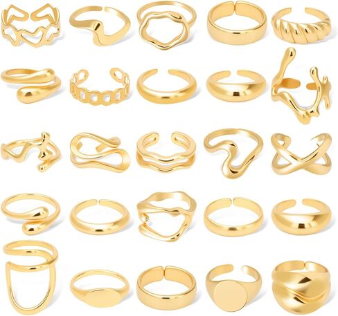 NEWITIN 25 Pieces Gold Chunky Rings for Women 14k Gold Plated Stackable Thick Dome Braided Twisted Rings Adjustable Open Ring Vintage Statement Ring for Women in Kuwait