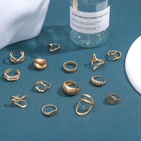 NEWITIN 25 Pieces Gold Chunky Rings for Women 14k Gold Plated Stackable Thick Dome Braided Twisted Rings Adjustable Open Ring Vintage Statement Ring for Women in Kuwait