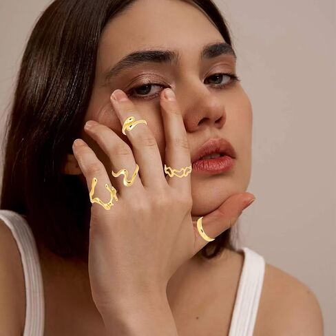 NEWITIN 25 Pieces Gold Chunky Rings for Women 14k Gold Plated Stackable Thick Dome Braided Twisted Rings Adjustable Open Ring Vintage Statement Ring for Women in Kuwait