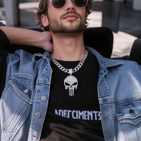 Cool Skull Necklace for Men Women, Halloween Necklace, Iced Out Cuban Chain Diamonds with Bling Skulls Pendant, Chunky Cubic Link Chains Necklaces, Unique Large Hip Hop Rhinestone Gifts, Mens Big Gold Plated Cosplay Costume Punk Gothic Goth Jewelry in Kuwait
