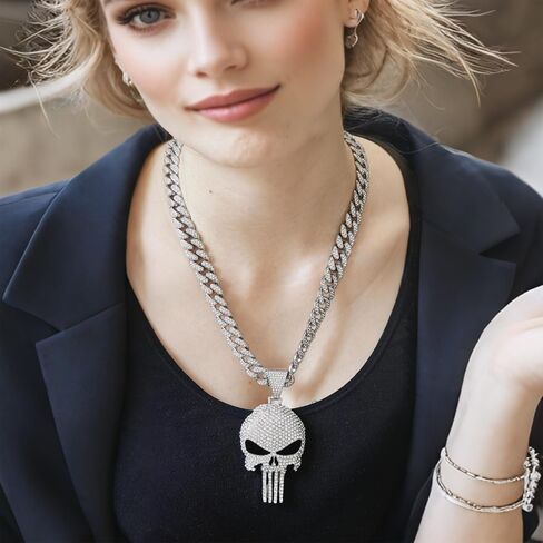 Cool Skull Necklace for Men Women, Halloween Necklace, Iced Out Cuban Chain Diamonds with Bling Skulls Pendant, Chunky Cubic Link Chains Necklaces, Unique Large Hip Hop Rhinestone Gifts, Mens Big Gold Plated Cosplay Costume Punk Gothic Goth Jewelry in Kuwait