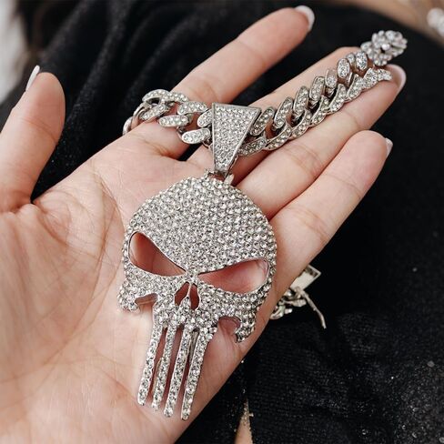 Cool Skull Necklace for Men Women, Halloween Necklace, Iced Out Cuban Chain Diamonds with Bling Skulls Pendant, Chunky Cubic Link Chains Necklaces, Unique Large Hip Hop Rhinestone Gifts, Mens Big Gold Plated Cosplay Costume Punk Gothic Goth Jewelry in Kuwait