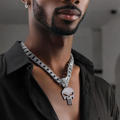 Cool Skull Necklace for Men Women, Halloween Necklace, Iced Out Cuban Chain Diamonds with Bling Skulls Pendant, Chunky Cubic Link Chains Necklaces, Unique Large Hip Hop Rhinestone Gifts, Mens Big Gold Plated Cosplay Costume Punk Gothic Goth Jewelry in Kuwait