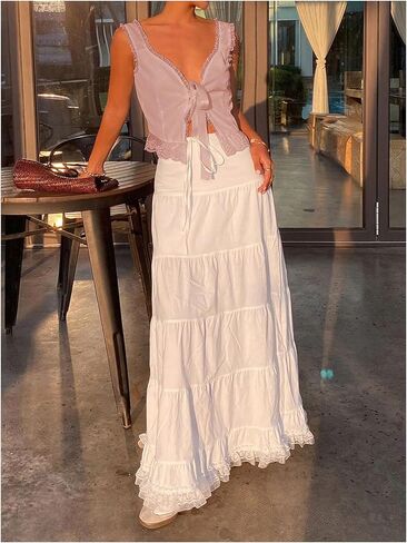 SOLY HUX Women's Y2k Lace Trim Open Tie Front Tank Top V Neck Sleeveless Tops in Kuwait