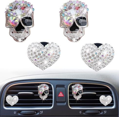 4 PCS Crystal Skull Car Air Criteners Clips ، Rhinestone Diamond Car Decoration ، Silver in Saudi Arabia