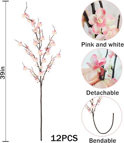 Krissing 12 Pcs Cherry Blossom Branches 39" Tall Artificial Cherry Blossom Stems White Faux Cherry Blossom Flowers Arrangements for Vase Home Wedding Table Spring Decor in Kuwait