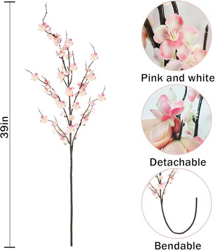 Krissing 12 PCS Cherry Blossom Branses 39 "طويل القامة زهر الكرز الاصطناعي ينبع أبيض فو ، ترتيبات زهور زهر الزهور المزهرية لزجاج الزفاف ديكور الربيع in Kuwait