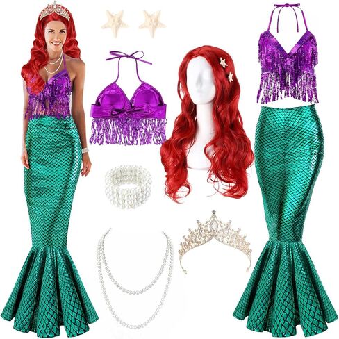 9 Pcs Mermaid Costume for Women Sparkly Sequins Top Mermaid Skirt Wig with Starfish Hair Clip Crown Necklace Bracelet in Kuwait