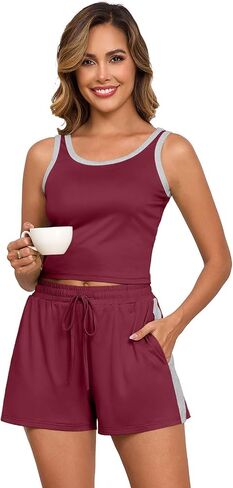 PrinStory Womens Pajamas Set Summer 2 Piece Pajama Sleeveless Tank and Shorts Soft Pj Sets with Pockets in Saudi Arabia