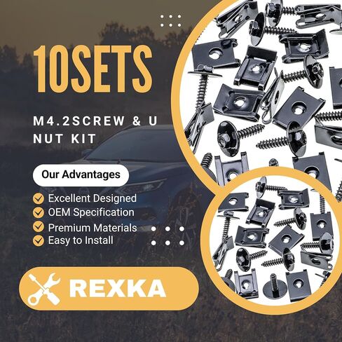 Rexka 10 Sets M4.2 Universal Fender Liner Engine Splash Shield Hex Head Screw & U Nut Kit لـ GM Chevy Ford Buick Jeep Chrysler - Multipurpose - اكتب أ in Saudi Arabia