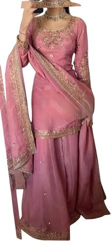 Women's Pure Chinnon Silk Embroidered Kurti With Sharara & Dupatta Set in Saudi Arabia