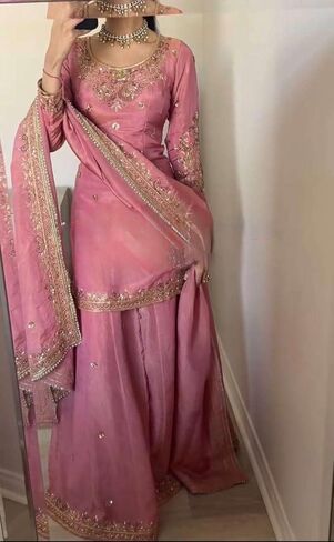 Women's Pure Chinnon Silk Embroidered Kurti With Sharara & Dupatta Set in Saudi Arabia