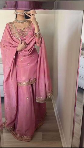 Women's Pure Chinnon Silk Embroidered Kurti With Sharara & Dupatta Set in Saudi Arabia