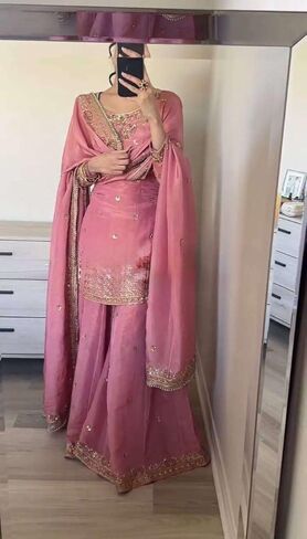 Women's Pure Chinnon Silk Embroidered Kurti With Sharara & Dupatta Set in Saudi Arabia