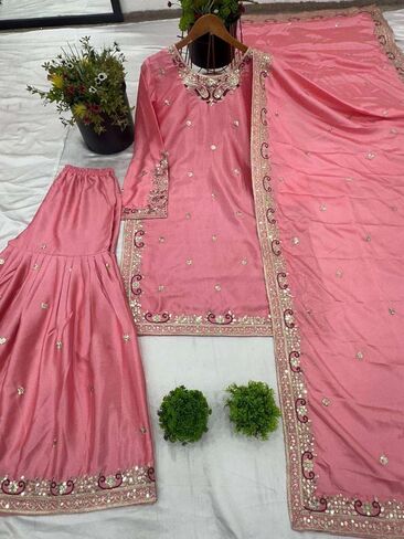 Women's Pure Chinnon Silk Embroidered Kurti With Sharara & Dupatta Set in Saudi Arabia