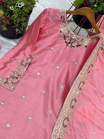 Women's Pure Chinnon Silk Embroidered Kurti With Sharara & Dupatta Set in Saudi Arabia
