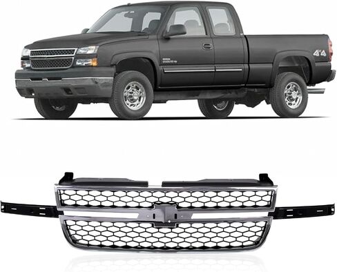 Front Grille Grill Chrome Frame With Textured Black Honeycomb Insert Compatible With Silverado 2003-2006 1500 HD / 2500 HD / 3500 &2007 1500 HD/2500 HD/ 3500 Classic (W/O Molding Trim) in Saudi Arabia