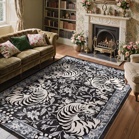 LIVEBOX Tiger Washable Rug 5x7, Boho Animal Print Area Rugs for Living Room, Non-Slip Botanical Floral Bedroom Rug, Soft Vintage Western Floor Carpet for Dining Room Home Office Guest Room Dorm Decor in Saudi Arabia