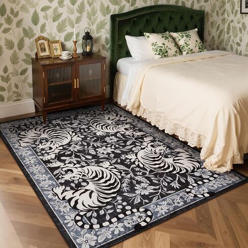LIVEBOX Tiger Washable Rug 5x7, Boho Animal Print Area Rugs for Living Room, Non-Slip Botanical Floral Bedroom Rug, Soft Vintage Western Floor Carpet for Dining Room Home Office Guest Room Dorm Decor in Saudi Arabia
