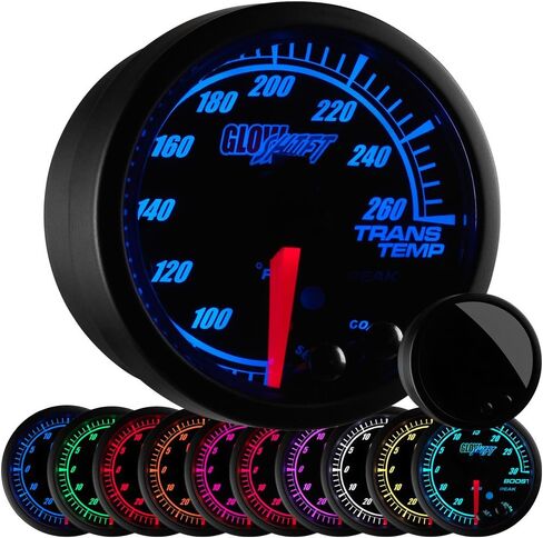 GlowShift Elite 10 Color 260 F Transmission Temperature Gauge Kit - Includes Electronic Sensor - Black Dial - Tinted Lens - Peak Recall Function - for Car & Truck - 2-1/16" 52mm in Saudi Arabia