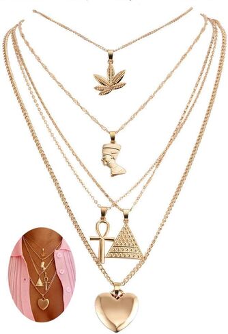 HUJUON 5-Layer Nefertiti Pharaoh Necklace. Punk Gold Egyptian Queen Heart Cross Layered Necklace,Hip Hop African Women Men Jewelry in Saudi Arabia