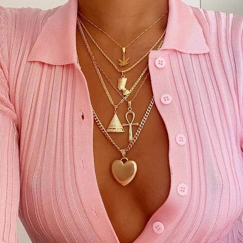 HUJUON 5-Layer Nefertiti Pharaoh Necklace. Punk Gold Egyptian Queen Heart Cross Layered Necklace,Hip Hop African Women Men Jewelry in Saudi Arabia