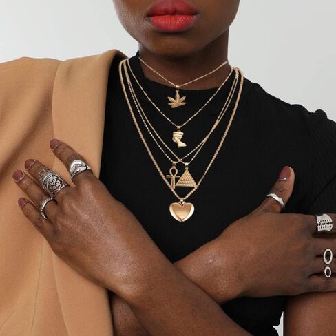 HUJUON 5-Layer Nefertiti Pharaoh Necklace. Punk Gold Egyptian Queen Heart Cross Layered Necklace,Hip Hop African Women Men Jewelry in Saudi Arabia