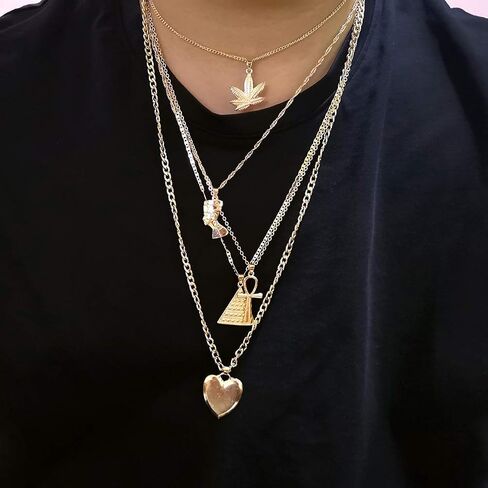 HUJUON 5-Layer Nefertiti Pharaoh Necklace. Punk Gold Egyptian Queen Heart Cross Layered Necklace,Hip Hop African Women Men Jewelry in Saudi Arabia