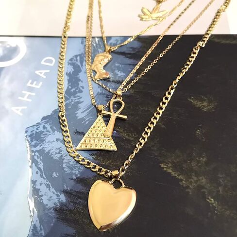 HUJUON 5-Layer Nefertiti Pharaoh Necklace. Punk Gold Egyptian Queen Heart Cross Layered Necklace,Hip Hop African Women Men Jewelry in Saudi Arabia