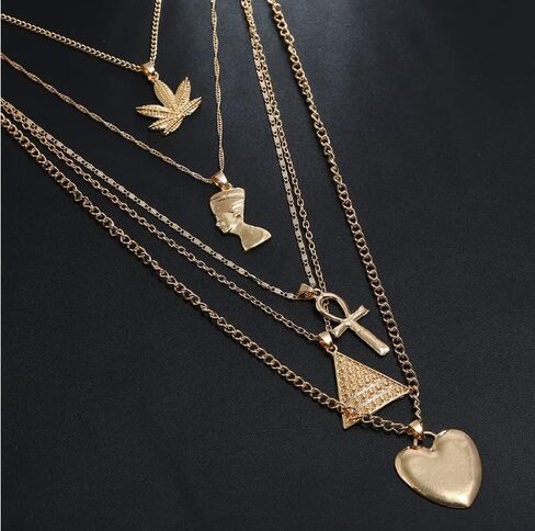 HUJUON 5-Layer Nefertiti Pharaoh Necklace. Punk Gold Egyptian Queen Heart Cross Layered Necklace,Hip Hop African Women Men Jewelry in Saudi Arabia