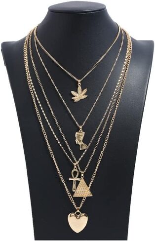HUJUON 5-Layer Nefertiti Pharaoh Necklace. Punk Gold Egyptian Queen Heart Cross Layered Necklace,Hip Hop African Women Men Jewelry in Saudi Arabia