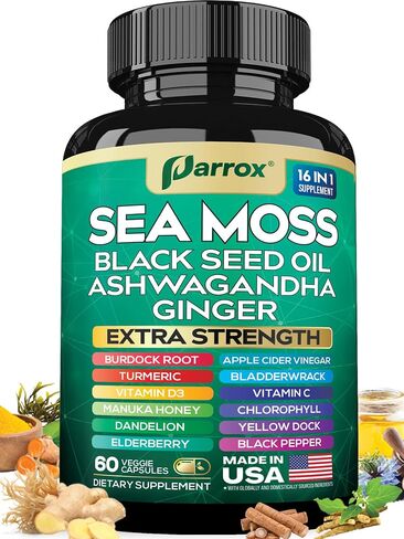 Sea Moss, Black Seed Oil, Ashwagandha, Turmeric, Chlorophyll, Dandelion, Ginger, Vitamin D3, Black Pepper, Elderberry, ACV, Yellow Dock, Burdock Root, Manuka, Vitamin C, Bladderwrack (60 Caps) in Saudi Arabia