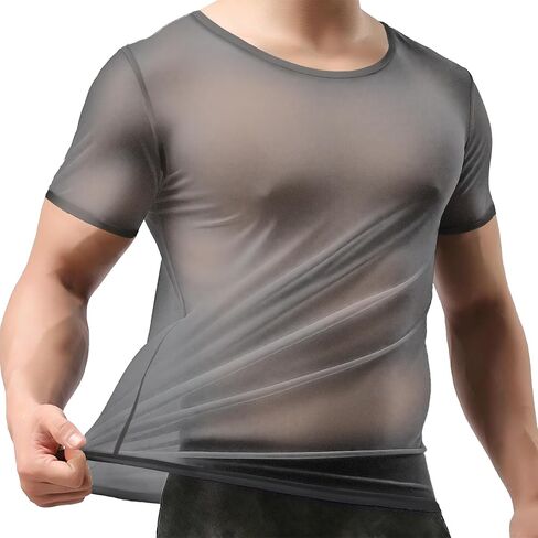 ZONBAILON Mens Sexy Mesh Fitted Shirt Short Sleeve See Through Transparent Muscle T-Shirts Top for Male in Saudi Arabia
