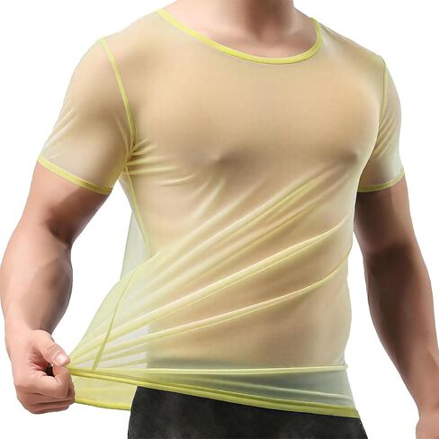 ZONBAILON Mens Sexy Mesh Fitted Shirt Short Sleeve See Through Transparent Muscle T-Shirts Top for Male in Saudi Arabia