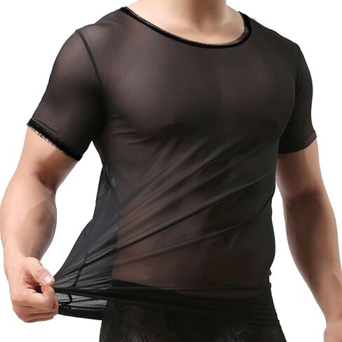 ZONBAILON Mens Sexy Mesh Fitted Shirt Short Sleeve See Through Transparent Muscle T-Shirts Top for Male in Saudi Arabia